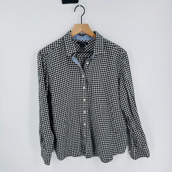 Lands’ End Black White Gingham Flannel Shirt L Petite Cozy Cabin Holiday Plaid - Picture 6 of 6